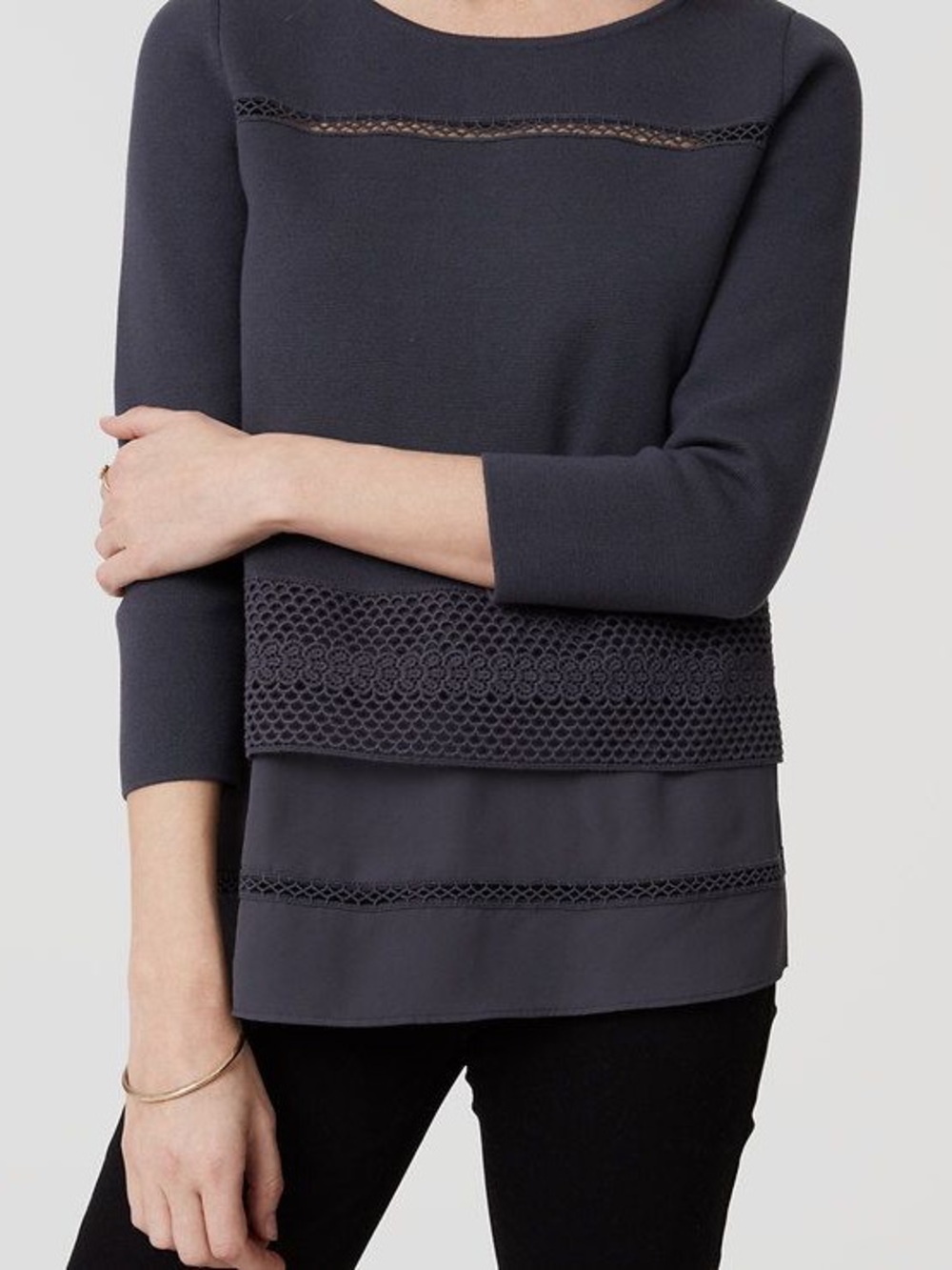LOFT Charcoal Gray Crochet-Trim Layered Top